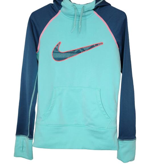 Nike Therma Fit Teal Pattern Swoosh Raglan Hoodie Women Sz XS 665890-385 - Picture 3 of 6